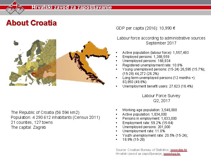 Hrvatski zavod za zapošljavanje About Croatia GDP per capita (2016): 10, 990 € Labour