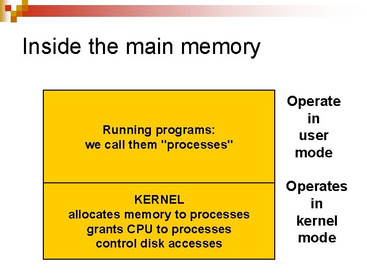Inside the main memory Running programs: we call them "processes" KERNEL allocates memory to Inside the main memory Running programs: we call them "processes" KERNEL allocates memory to