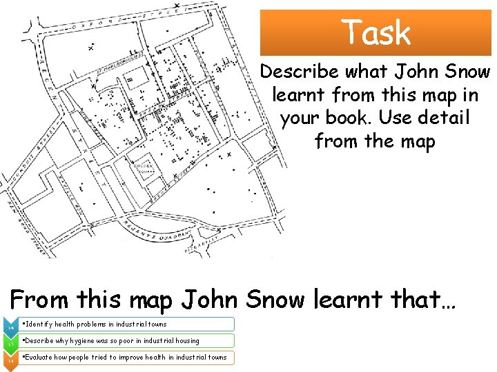 Task Describe what John Snow learnt from this map in your book. Use detail