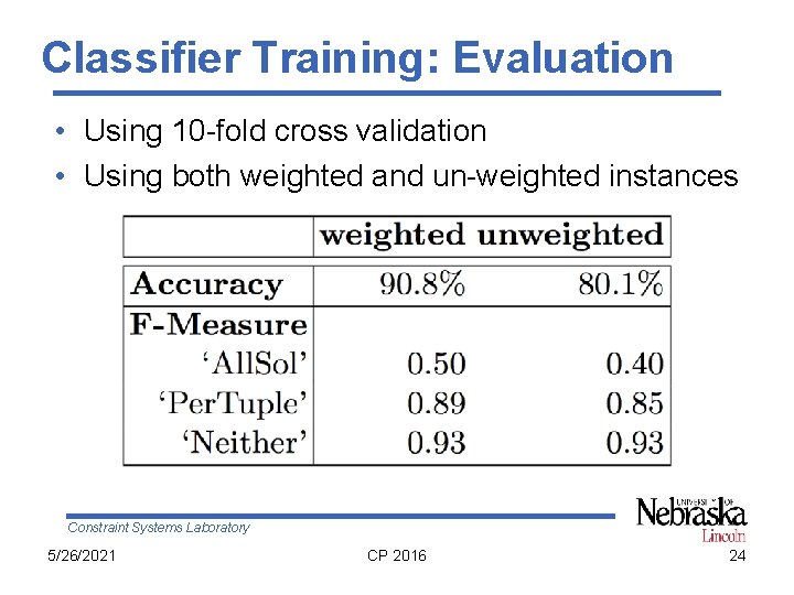 Classifier Training: Evaluation • Using 10 -fold cross validation • Using both weighted and