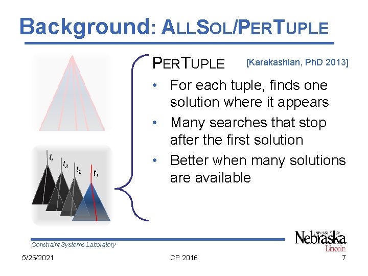 Background: ALLSOL/PERTUPLE [Karakashian, Ph. D 2013] • For each tuple, finds one solution where
