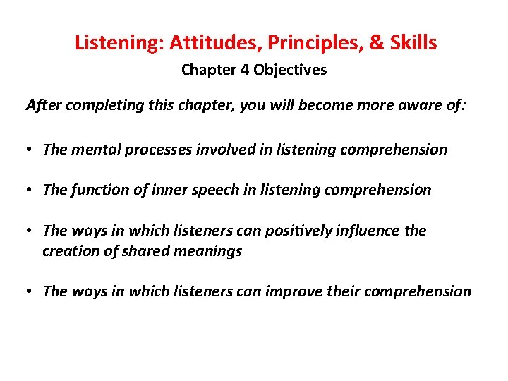 Listening: Attitudes, Principles, & Skills Chapter 4 Objectives After completing this chapter, you will