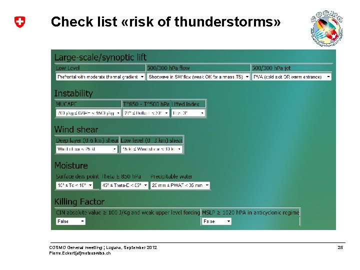 Check list «risk of thunderstorms» COSMO General meeting ¦ Lugano, September 2012 Pierre. Eckert[at]meteoswiss.