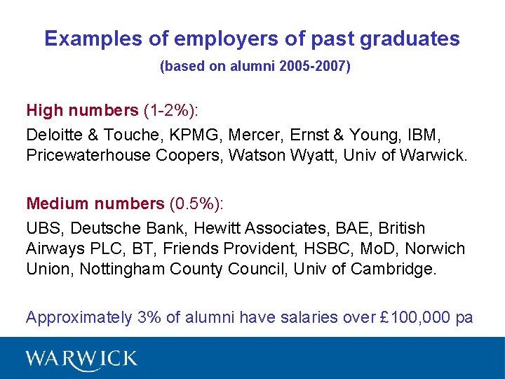 Examples of employers of past graduates (based on alumni 2005 -2007) High numbers (1