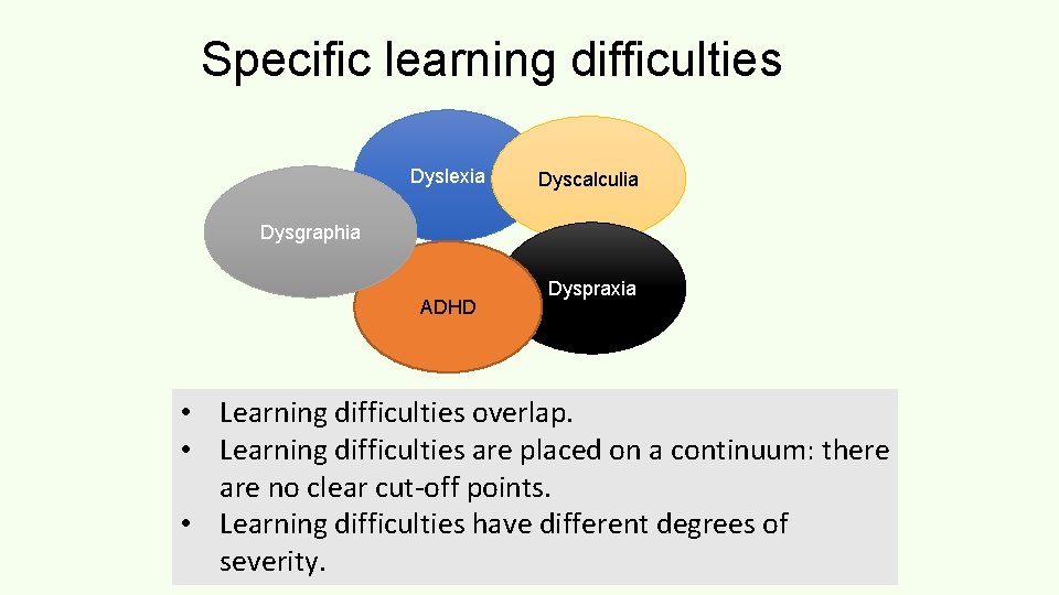 Specific learning difficulties Dyslexia Dyscalculia Dysgraphia ADHD Dyspraxia • Learning difficulties overlap. • Learning