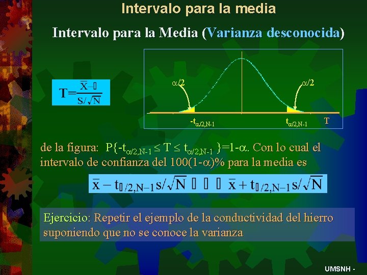 Intervalo para la media Intervalo para la Media (Varianza desconocida) a/2 -ta/2, N-1 T