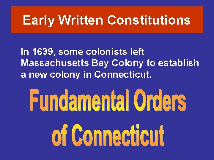 Early Written Constitutions In 1639, some colonists left Massachusetts Bay Colony to establish a