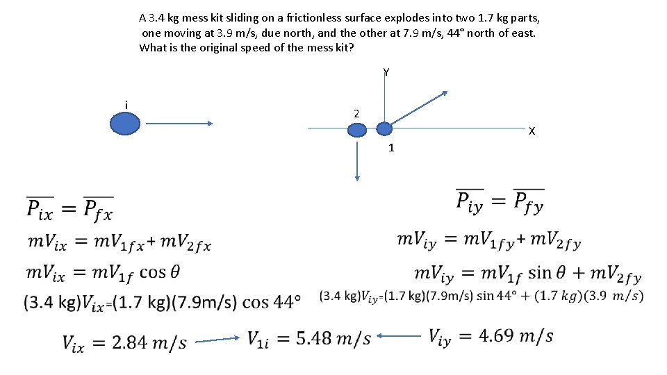 A 3. 4 kg mess kit sliding on a frictionless surface explodes into two
