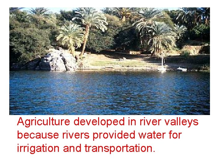 Agriculture developed in river valleys because rivers provided water for irrigation and transportation. 
