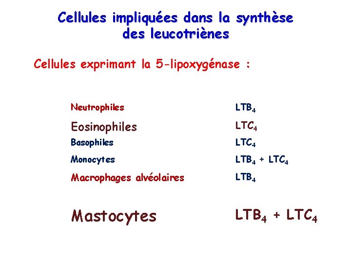 Cellules impliquées dans la synthèse des leucotriènes Cellules exprimant la 5 -lipoxygénase : Neutrophiles