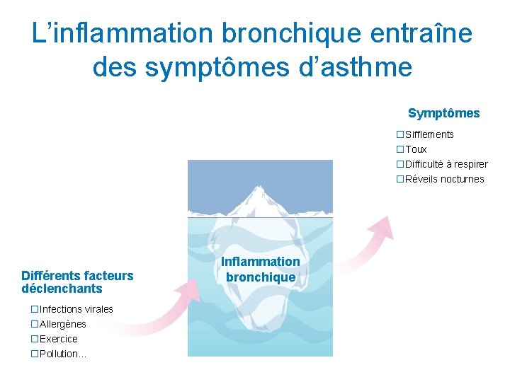 L’inflammation bronchique entraîne des symptômes d’asthme Symptômes �Sifflements �Toux �Difficulté à respirer �Réveils nocturnes