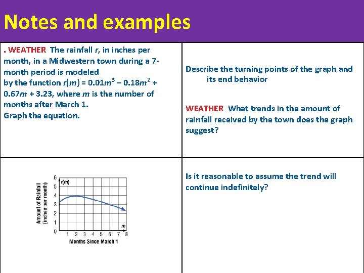 Notes and examples. WEATHER The rainfall r, in inches per month, in a Midwestern