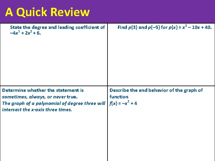 A Quick Review State the degree and leading coefficient of – 4 x 5