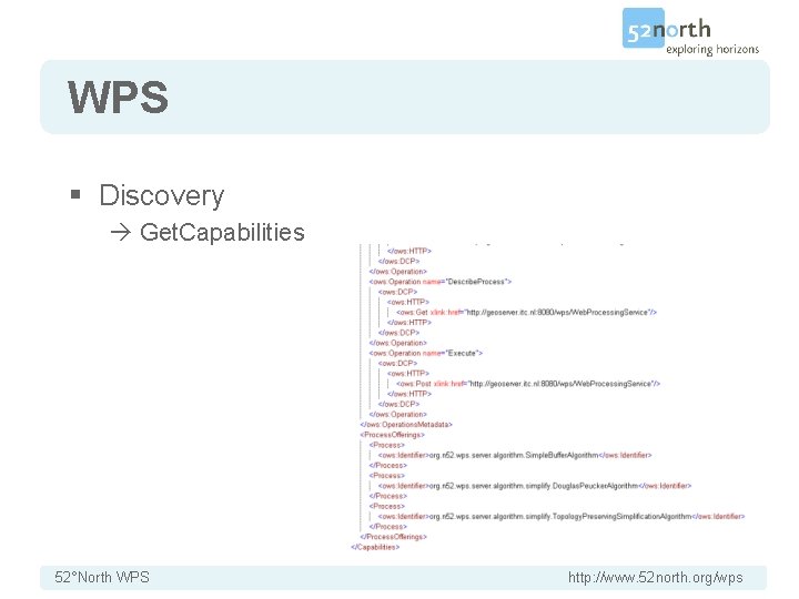 WPS § Discovery Get. Capabilities 52°North WPS http: //www. 52 north. org/wps 