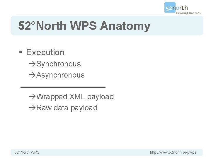 52°North WPS Anatomy § Execution Synchronous Asynchronous Wrapped XML payload Raw data payload 52°North