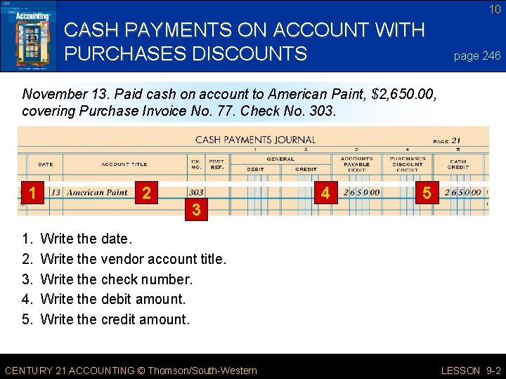 10 CASH PAYMENTS ON ACCOUNT WITH PURCHASES DISCOUNTS page 246 November 13. Paid cash