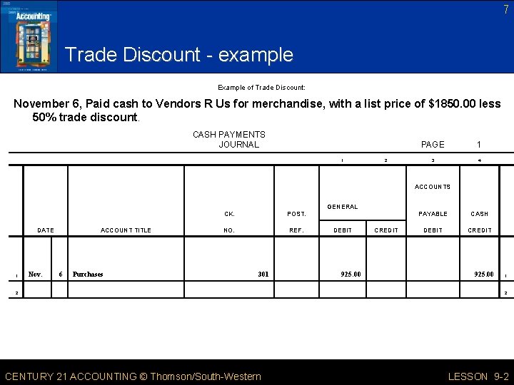 7 Trade Discount - example Example of Trade Discount: November 6, Paid cash to