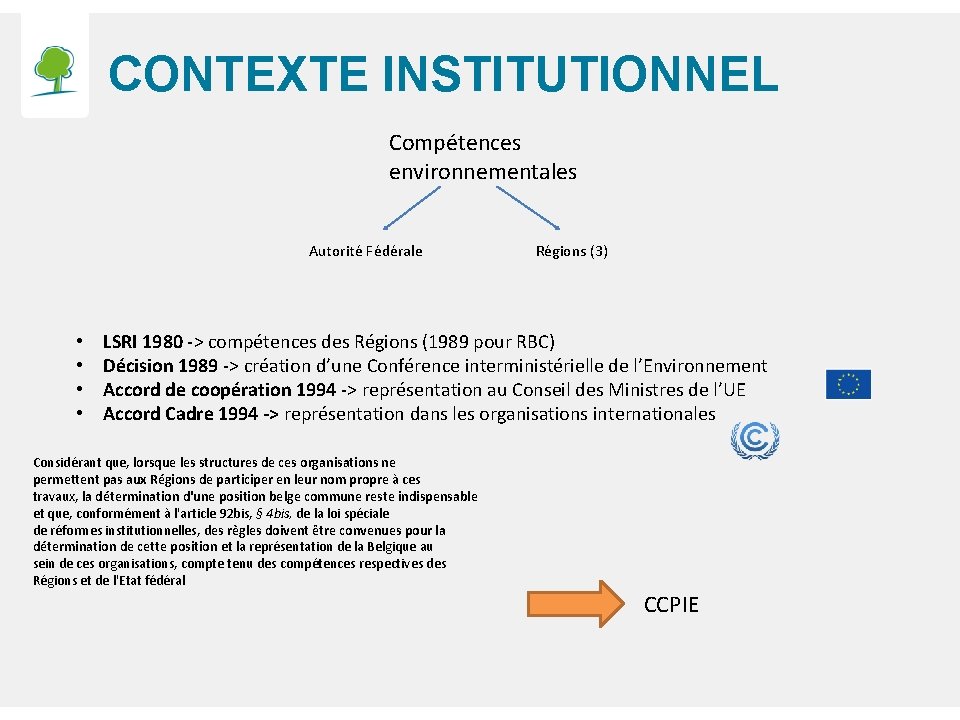 CONTEXTE INSTITUTIONNEL Compétences environnementales Autorité Fédérale • • Régions (3) LSRI 1980 -> compétences