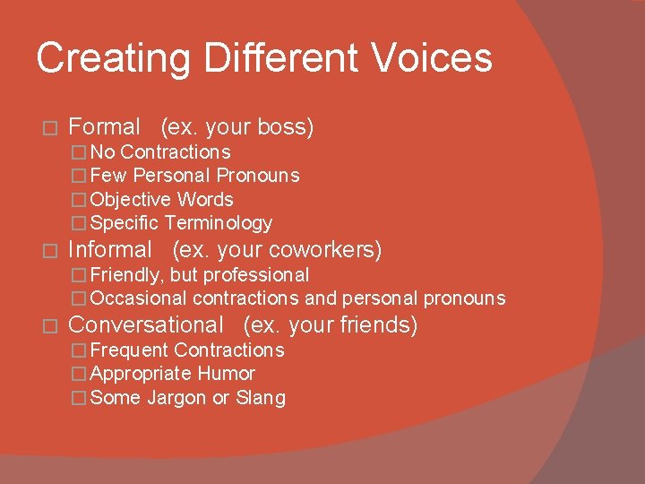 Creating Different Voices � Formal (ex. your boss) � No Contractions � Few Personal