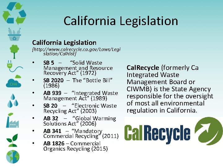 California Legislation [http: //www. calrecycle. ca. gov/Laws/Legi slation/Cal. Hist] • • SB 5 –
