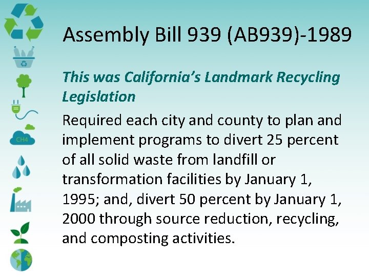 Assembly Bill 939 (AB 939)-1989 This was California’s Landmark Recycling Legislation Required each city Assembly Bill 939 (AB 939)-1989 This was California’s Landmark Recycling Legislation Required each city