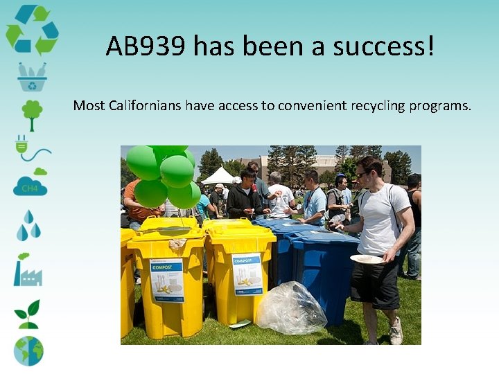 AB 939 has been a success! Most Californians have access to convenient recycling programs. AB 939 has been a success! Most Californians have access to convenient recycling programs.