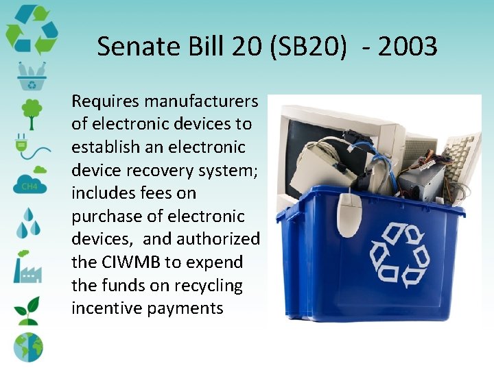Senate Bill 20 (SB 20) - 2003 Requires manufacturers of electronic devices to establish Senate Bill 20 (SB 20) - 2003 Requires manufacturers of electronic devices to establish