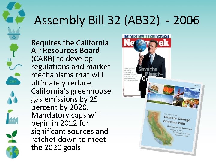 Assembly Bill 32 (AB 32) - 2006 Requires the California Air Resources Board (CARB) Assembly Bill 32 (AB 32) - 2006 Requires the California Air Resources Board (CARB)