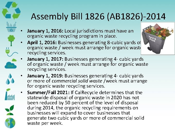Assembly Bill 1826 (AB 1826)-2014 • January 1, 2016: Local jurisdictions must have an Assembly Bill 1826 (AB 1826)-2014 • January 1, 2016: Local jurisdictions must have an