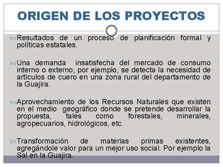 ORIGEN DE LOS PROYECTOS Resultados de un proceso de planificación formal y políticas estatales. ORIGEN DE LOS PROYECTOS Resultados de un proceso de planificación formal y políticas estatales.