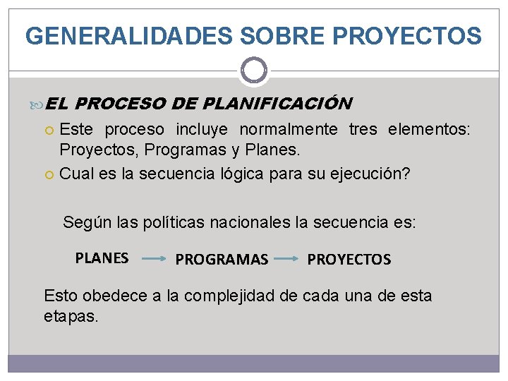 GENERALIDADES SOBRE PROYECTOS EL PROCESO DE PLANIFICACIÓN Este proceso incluye normalmente tres elementos: Proyectos, GENERALIDADES SOBRE PROYECTOS EL PROCESO DE PLANIFICACIÓN Este proceso incluye normalmente tres elementos: Proyectos,