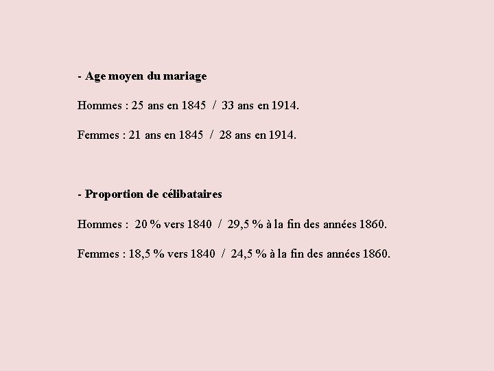 - Age moyen du mariage Hommes : 25 ans en 1845 / 33 ans