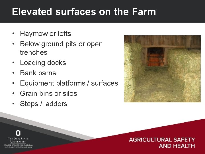 Elevated surfaces on the Farm • Haymow or lofts • Below ground pits or