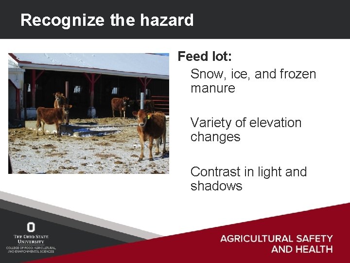 Recognize the hazard Feed lot: Snow, ice, and frozen manure Variety of elevation changes