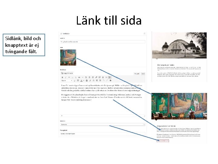 Länk till sida Sidlänk, bild och knapptext är ej tvingande fält. 