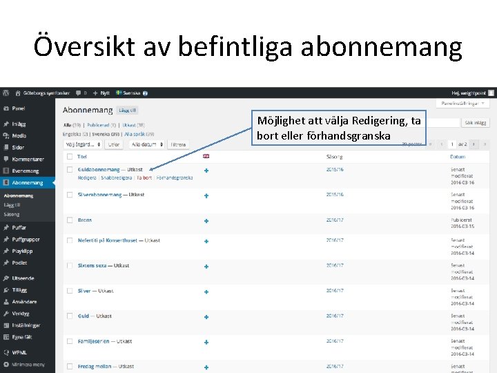 Översikt av befintliga abonnemang Möjlighet att välja Redigering, ta bort eller förhandsgranska 