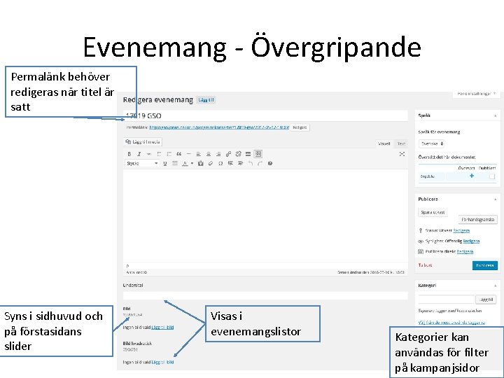 Evenemang - Övergripande Permalänk behöver redigeras när titel är satt Syns i sidhuvud och