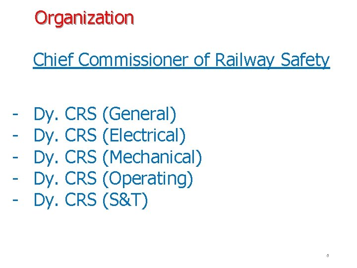 Organization Chief Commissioner of Railway Safety - Dy. Dy. Dy. CRS CRS CRS (General)