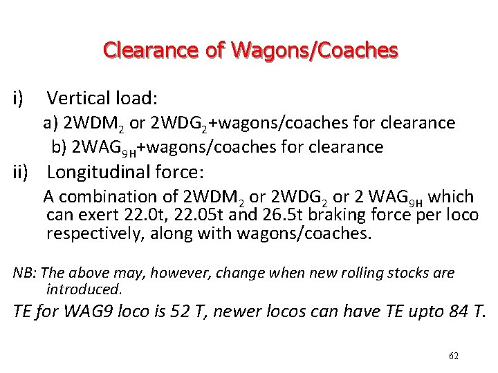 Clearance of Wagons/Coaches i) Vertical load: a) 2 WDM 2 or 2 WDG 2+wagons/coaches