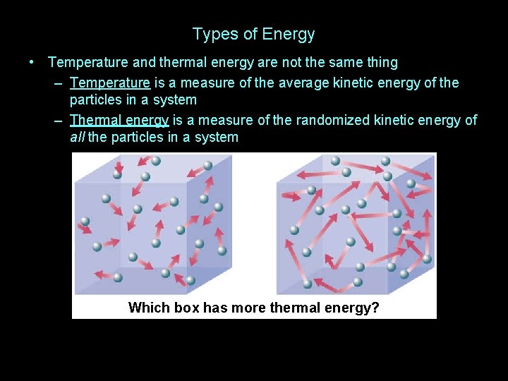 Types of Energy • Temperature and thermal energy are not the same thing –