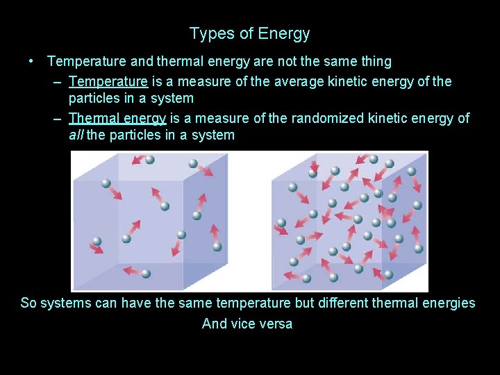 Types of Energy • Temperature and thermal energy are not the same thing –