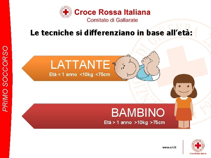 PRIMO SOCCORSO Le tecniche si differenziano in base all’età: LATTANTE Età < 1 anno