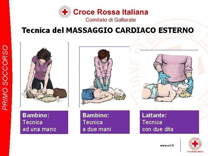 PRIMO SOCCORSO Tecnica del MASSAGGIO CARDIACO ESTERNO Bambino: Tecnica ad una mano Bambino: Tecnica