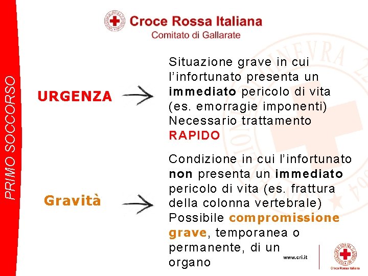 PRIMO SOCCORSO URGENZA Gravità Situazione grave in cui l’infortunato presenta un immediato pericolo di