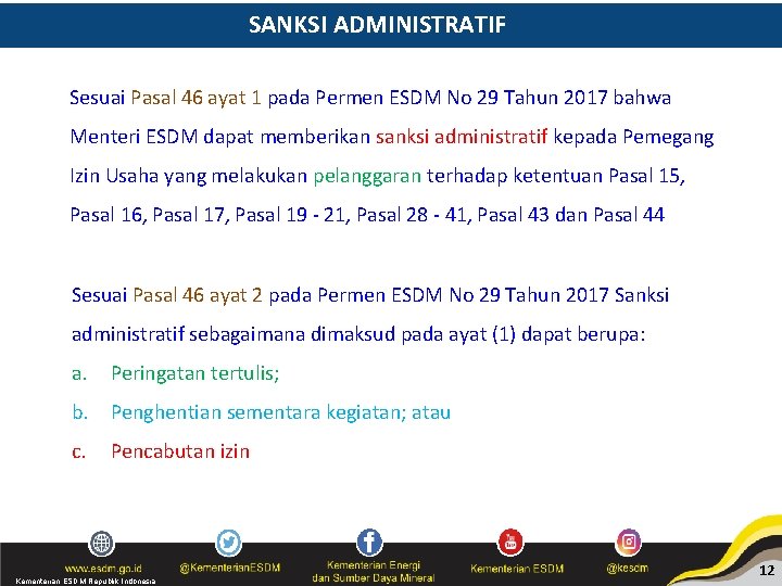 SANKSI ADMINISTRATIF Sesuai Pasal 46 ayat 1 pada Permen ESDM No 29 Tahun 2017