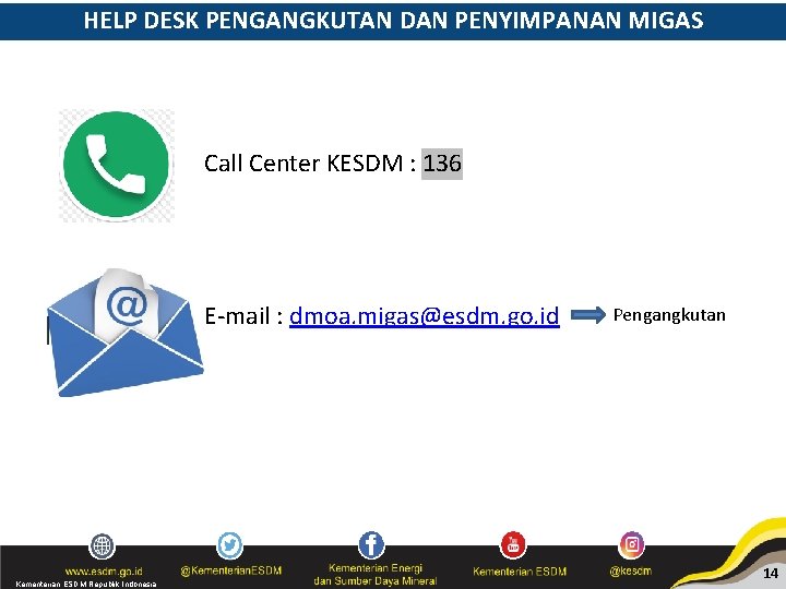 HELP DESK PENGANGKUTAN DAN PENYIMPANAN MIGAS Call Center KESDM : 136 E-mail : dmoa.