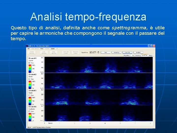 Analisi tempo-frequenza Questo tipo di analisi, definita anche come spettrogramma, è utile per capire