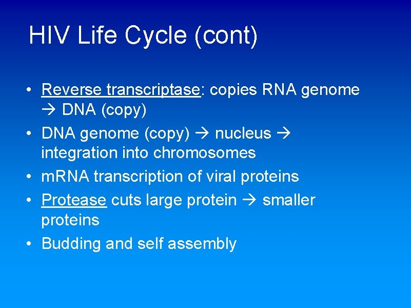 HIV Life Cycle (cont) • Reverse transcriptase: copies RNA genome DNA (copy) • DNA