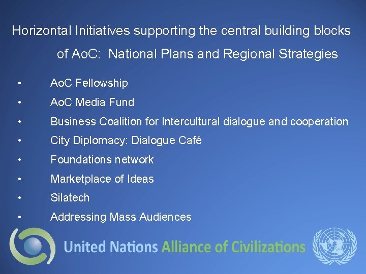 Horizontal Initiatives supporting the central building blocks of Ao. C: National Plans and Regional