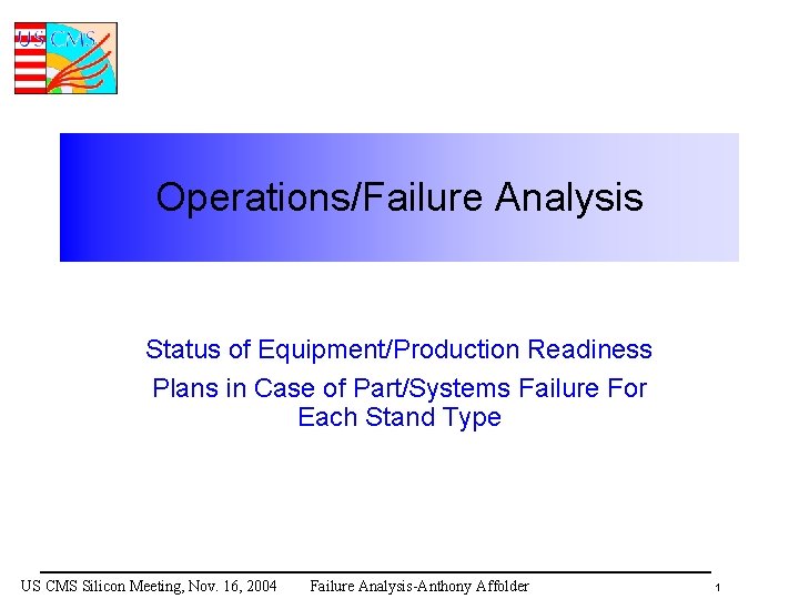 Operations/Failure Analysis Status of Equipment/Production Readiness Plans in Case of Part/Systems Failure For Each